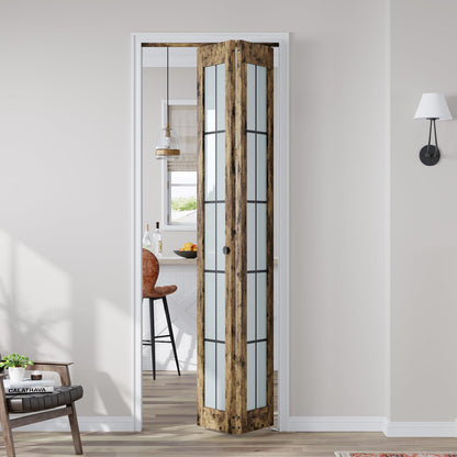 CEAKIAN Preassembled Bifold Closet Doors for 30" X 80" Opening, Country Style,Space Saving, Tempered Frosted Glass with Black Cross Grid, Bi folding Barn Door with Concealed Hardware Kit, Easy Install