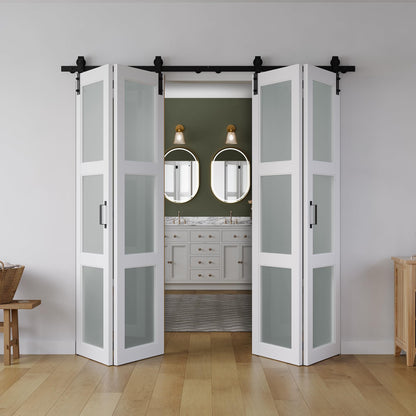 SMARTSTANDARD 72in x 84in Bifold Barn Door, Frosted Glass Barn Door with Hardware Kit Included, Pre-Drilled Holes Easy Assembly -Solid Barn Doors Slab Covered with Water-Proof PVC Surface, White