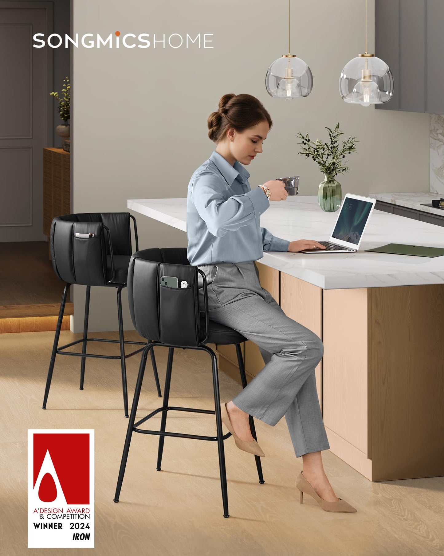 SONGMICS HOME 360° Swivel Bar Stools Set of 4, Barstools with Curved Back, Upholstered Counter Bar Stools with Footrest, Metal Tapered Legs, for Kitchen Island, Dining Room, Ink Black ULBC123BH01S-2J