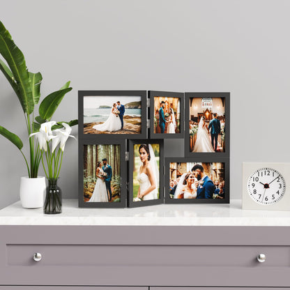 WARM&LOVE 6 Picture Frame, 4x6 & 4x4 Six Folding Hinged Photo Frames, Rustic Wood Desk Family Photo Collage Stand Vertical on Tabletop for Birthday Family Lover Gift (Black)