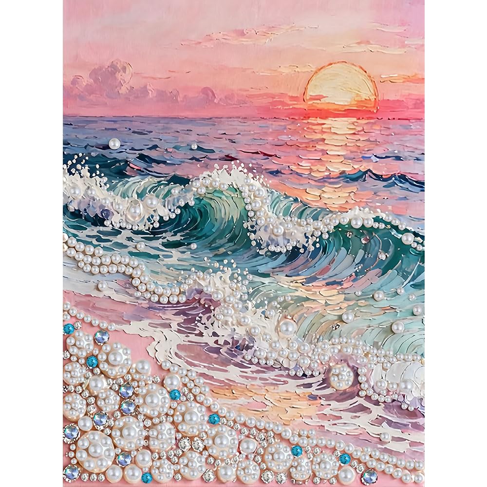 LPDJITO Beach Sunrise Diamond Art Pearl Painting Kit, DIY Pearl Art Painting, Beach Pearl Diamond Painting Kits, Handmade Gem Dot Picture Craft for Home Wall Decor 12x16 inch Wave