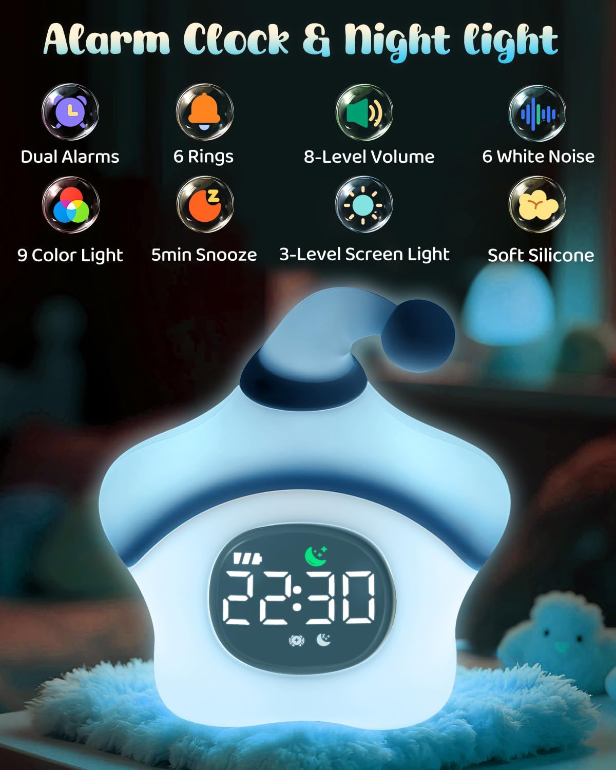 Star Alarm Clock with Night Light for Kids with Sleep Training and Sound Machine, Rechargeable Silicone Lamp OK to Wake