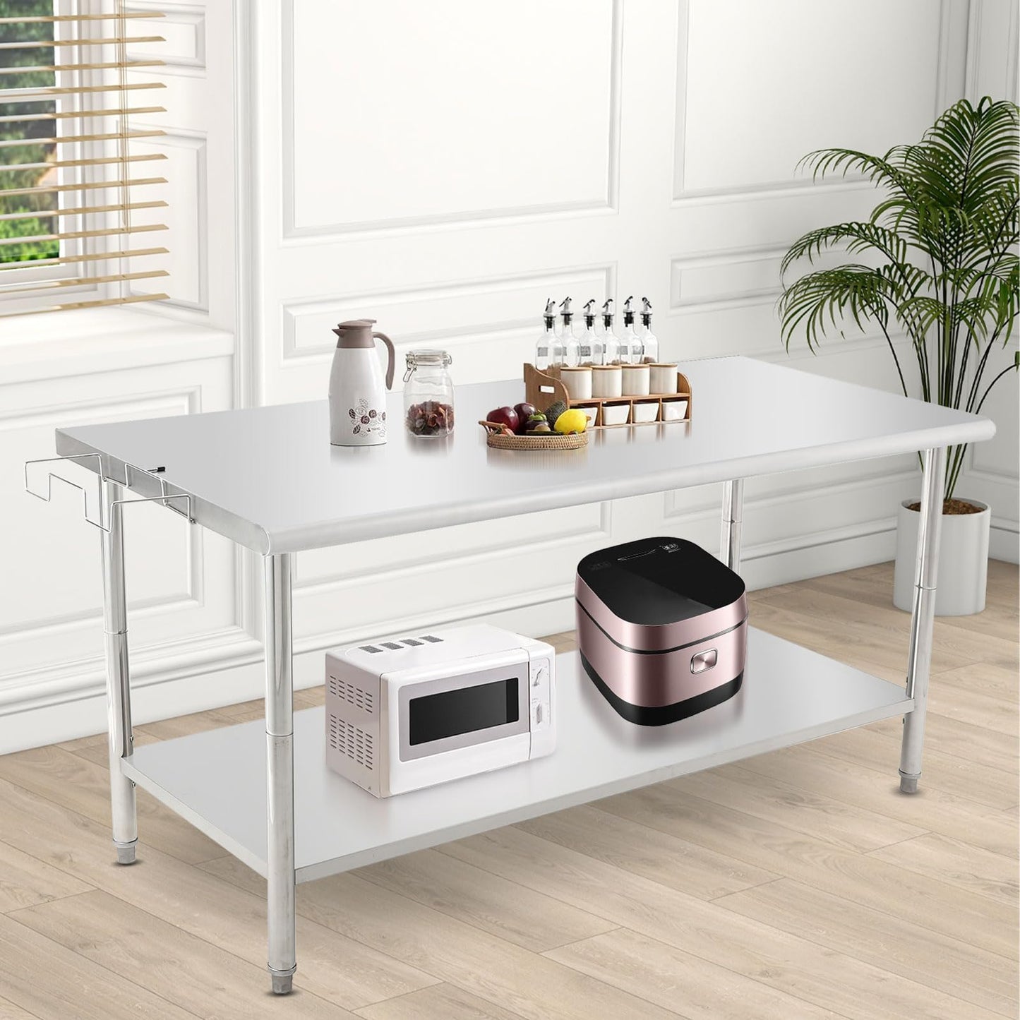 Garvee Heavy Duty NSF Stainless Steel Prep Table – 72x30x35in Commercial Workstation with Adjustable Undershelf, Removable Trash Rack, 08 Curved Edge, No Casters, No Backstop – Perfect for Kitchen