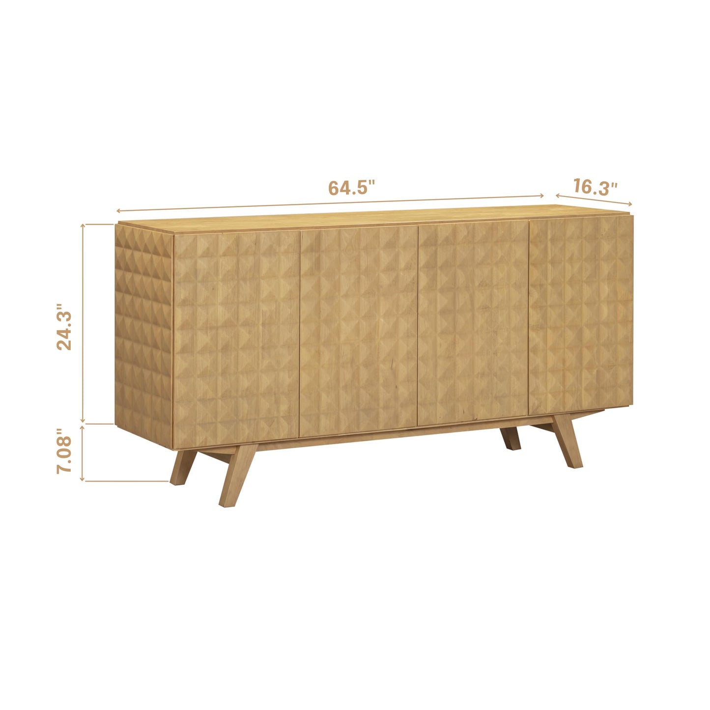NTC Sapa Mid-Century Modern Solid Wood Sideboard – 4-Door Accent Buffet Cabinet with Carved Geometric Fronts, for Living Room, or Entryway, Effortless Assembly, Sand
