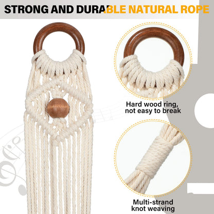 3 Pieces Macrame Ukulele Hanger Wall Mount, 21 to 24 Inches Boho Hanging Stand Holder for Soprano Case, Wall Decor Alternative Kit, Black Ring and Wooden Bead