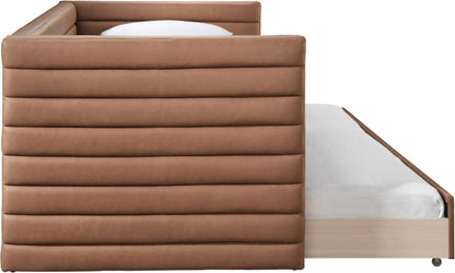 Meridian Furniture BeverlyCognac-T Beverly Collection Modern | Contemporary Twin Daybed with Soft Cognac Premium Vegan Leather, Deep Channel Tufting, Twin Trundle, 87" W x 43.5" D x 34" H, Cognac