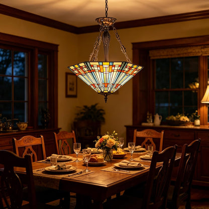 COTOSS Tiffany Pendant Light Fixtures,22" Wide Stained Glass Inverted Ceiling Pendant for Dining Room,Antique Style 3 Lights Hanging Lamp for Living Room Kitchen Entryway