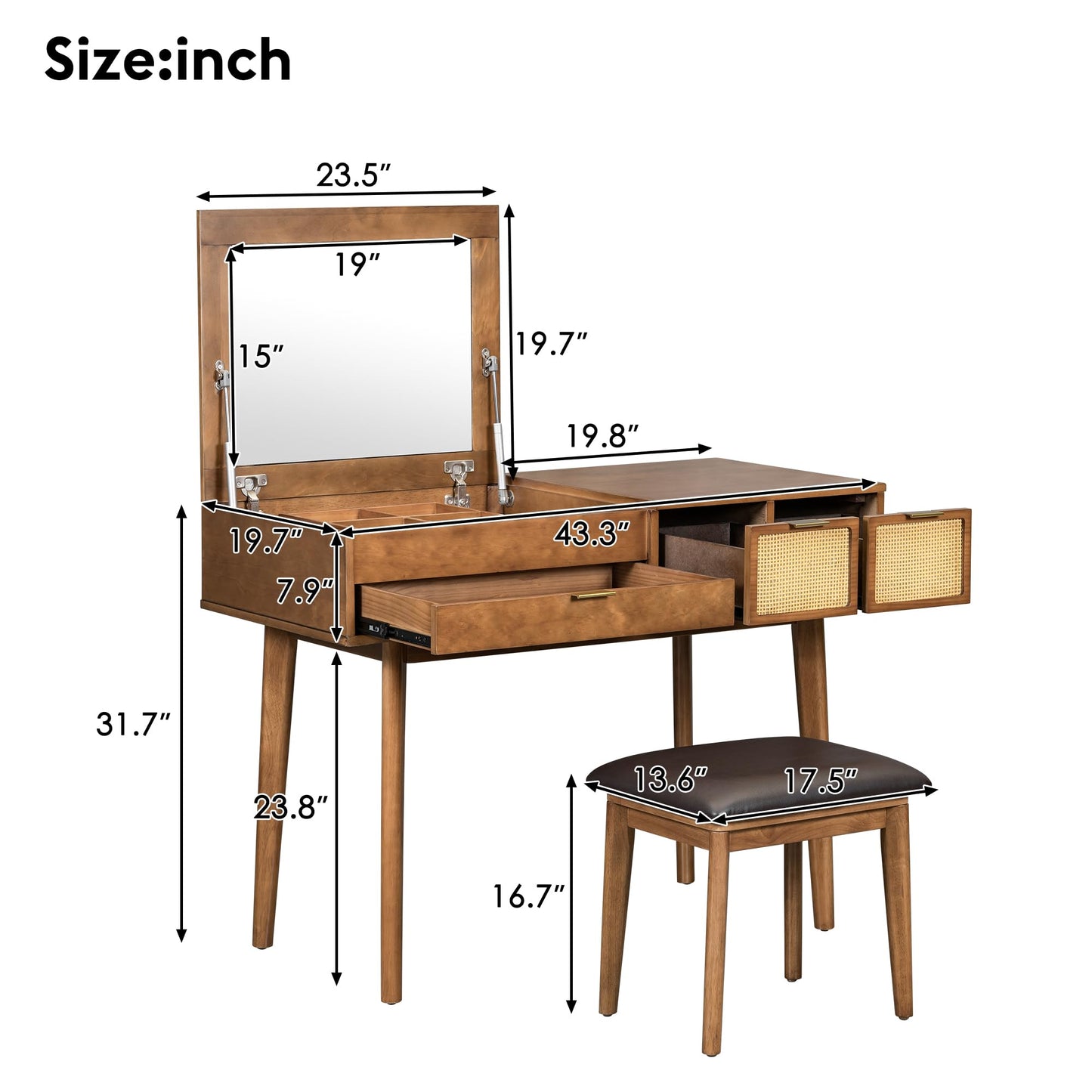 GDFStudio 43.3" Makeup Vanity Set with Flip Top Mirror, Brown Classic Wood Dressing Table with Three Drawers, Upholstered Stool, Hidden Mirror Design, Storage Vanity Furniture for Bedroom