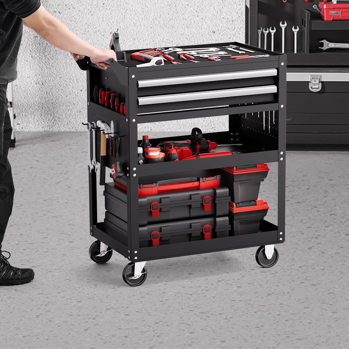 VEVOR 5-Tier Tool Cart with Wheels, 400 lbs Load Capacity, Rolling Work Cart with 2 Drawers & Pegboard, Mechanic Tool Storage Organizer with Locking System for Garage, Warehouse and Repair Shop, Black