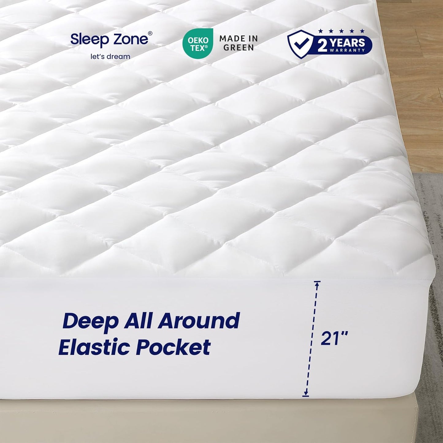 21" 54x75) SLEEP ZONE Flat Mattress Cover Full Size, Non Slip Quilted Fitted Mattress Pad, Noiseless Mattress Protector
