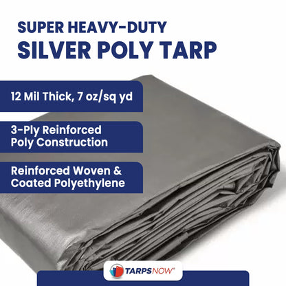 Tarps Now 16x24 ft Heavy Duty Plastic Tarp (Poly Tarp)|12 MIL Waterproof Cover|Rip & Tear-Resistant|Rustproof Grommets & Reinforced Edges|Ideal for Roof, Camping, Tent & Outdoor Protection - Silver