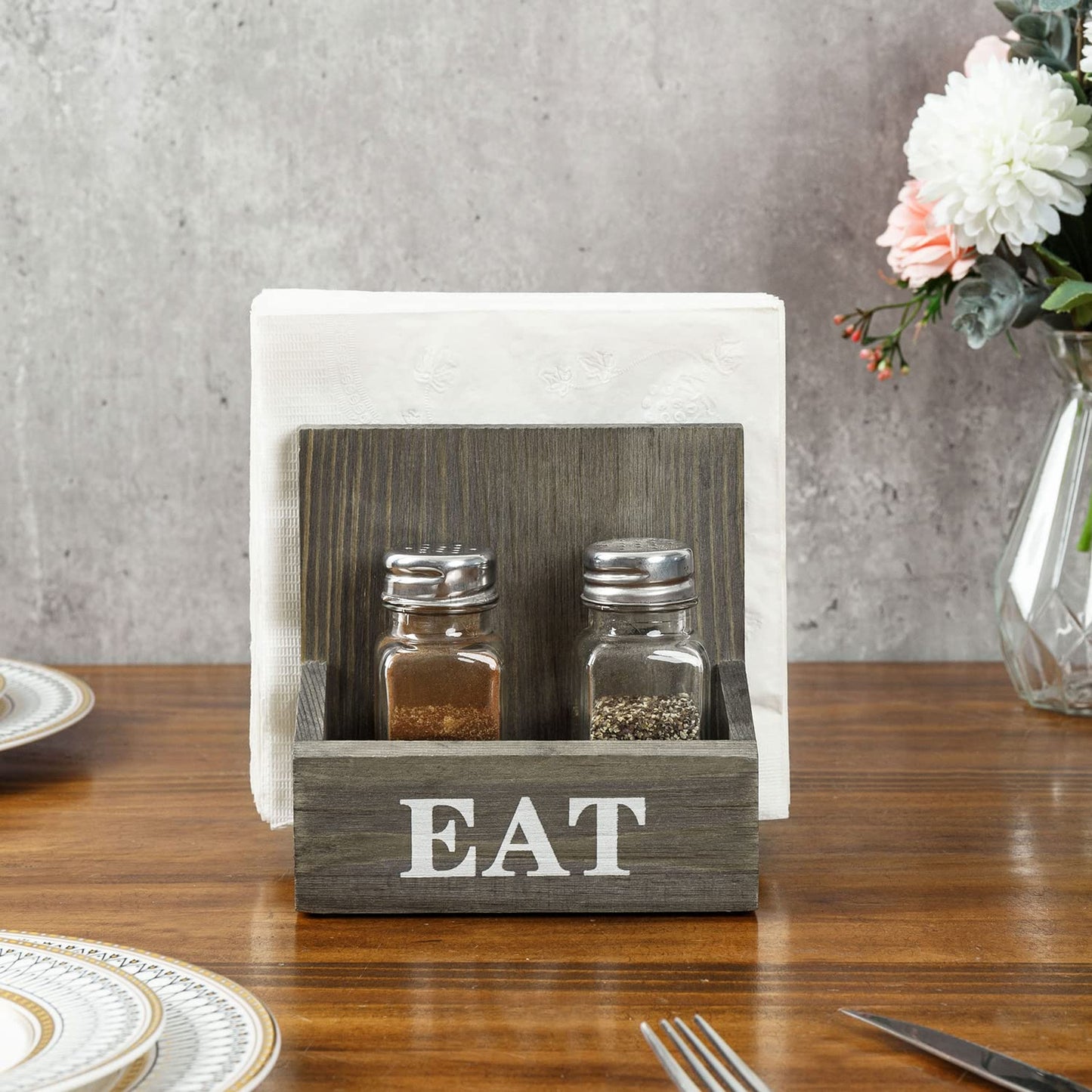 MyGift Napkin Holder with Salt and Pepper Shakers, Vintage Gray Solid Wood Table Napkin Holder, 2 Compartment Salt and Pepper Holder and Condiment Server with White EAT Label