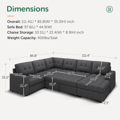 HONBAY Sectional Sleeper Sofa Pull Out Bed with Storage Chaise, Sleeper Sectional Sofa Couch, Sectional Sleeper Bed for Living Room, Dark Grey