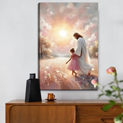 Jesus and Children Canvas Art Print - Soft Pink Sunset Wall Decor for Nursery & Living Room | 16x24 in