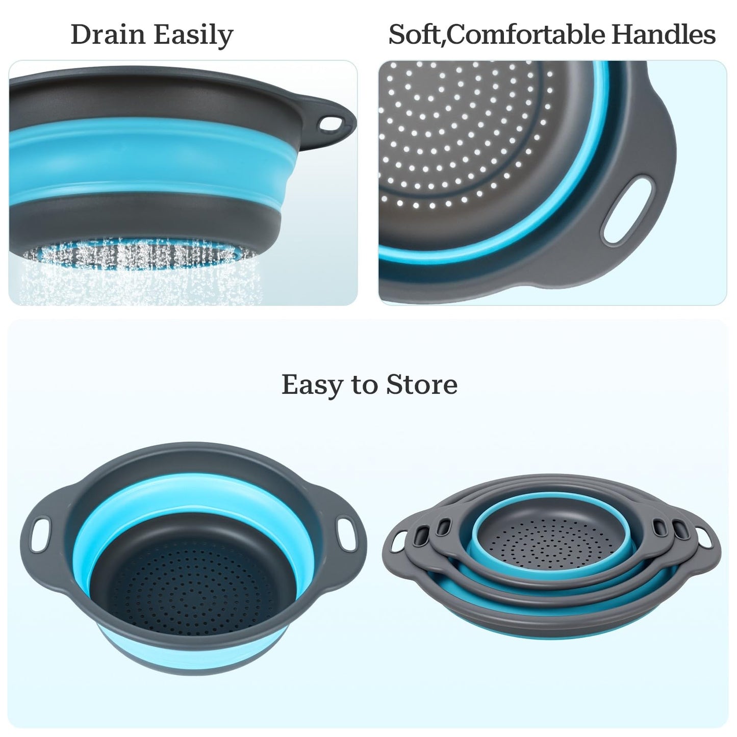 Cluren Collapsible Colander 3-Pack Set Space-Saving Foldable Kitchen Strainer with Non-Slip Base Durable Thickened PP+TPE Collapsible Strainers for Pasta, Vegetables, Fruits (Gray-Blue)