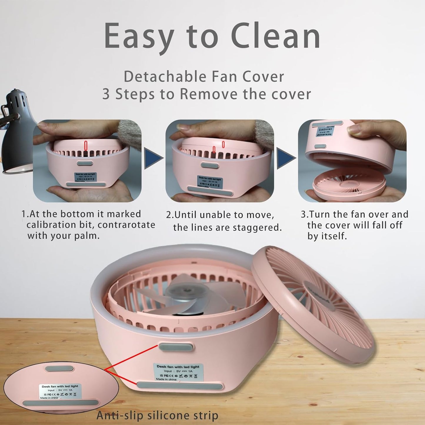 Pink Desk Fan, Small Quiet with Ambient Light, Portable USB Fan 5.3in High Power Rechargeable Battery Operate