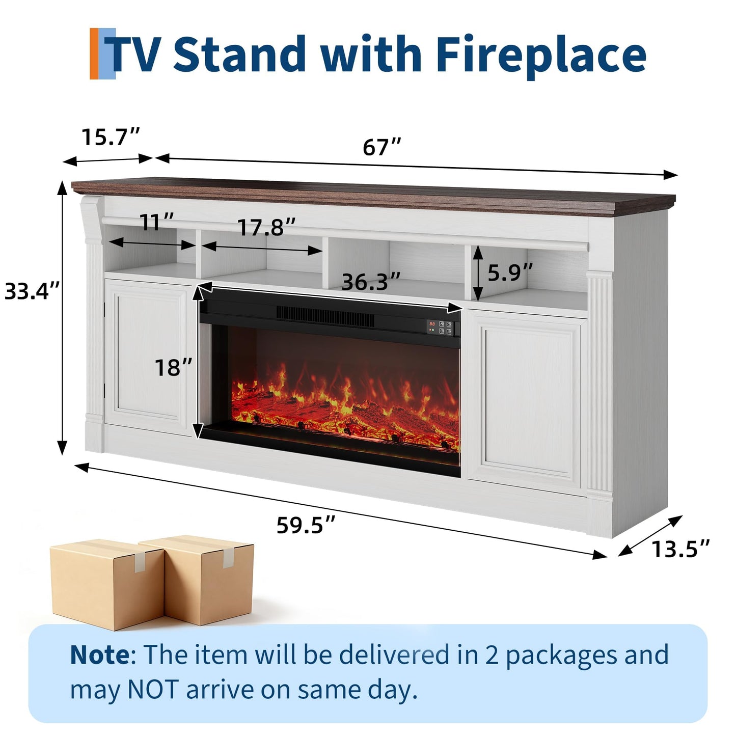 GAOMON 68 Inch Fireplace TV Stand for TVs Up to 75", Entertainment Center with 36'' Corded Electric Fireplace, Remote Controlled Realistic 3D Flame, Console Table with Storage Shelves, White+Brown