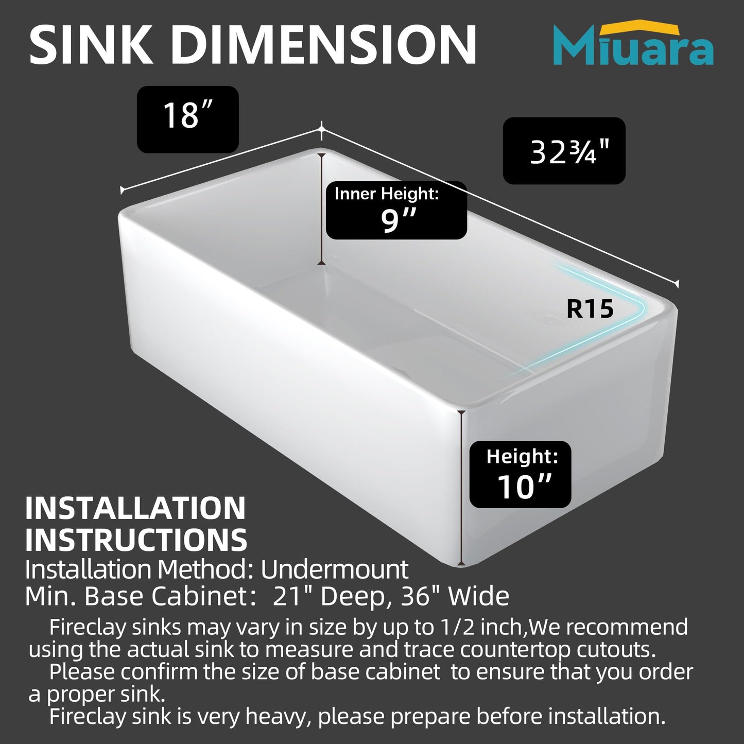 Miuara Farmhouse Sink 33 Inch - Apron Front Kitchen Sink Reversible 33"x18"x10", Undermount Installation, Farm House Style Single Bowl, Solid Fireclay, Glossy White, for Kitchen