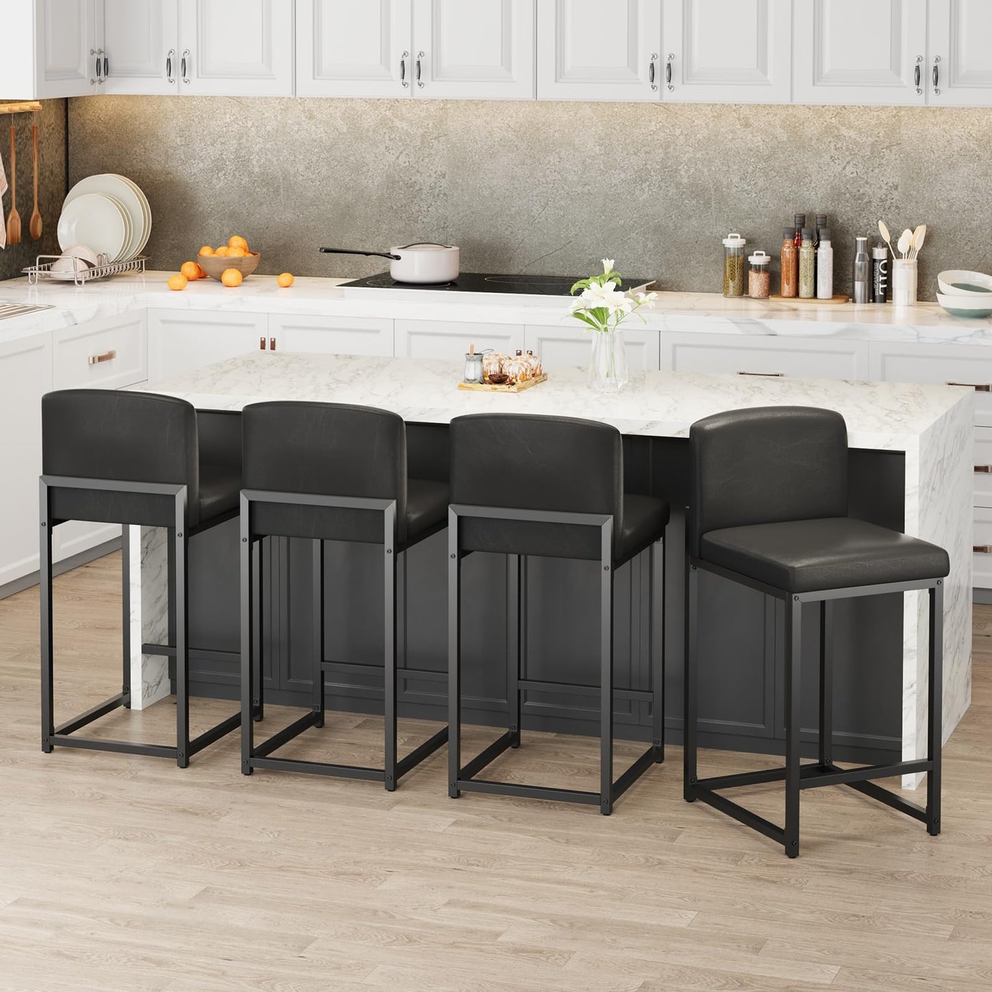 GarveeHome Bar Stools Set of 6, Modern Counter Height Bar Stools with Back and Footrest, Faux Leather Upholstered Barstools Chairs for Kitchen Island Dining Room Bar, Black