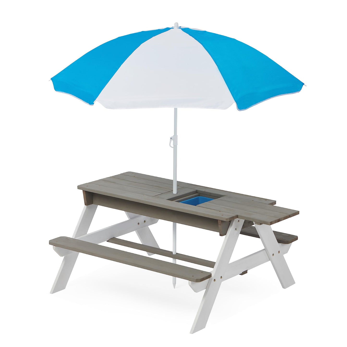 3 in 1 Outdoor Wooden Picnic Table with Umbrella, Convertible Sand Wate, Gray CPSIA Certification