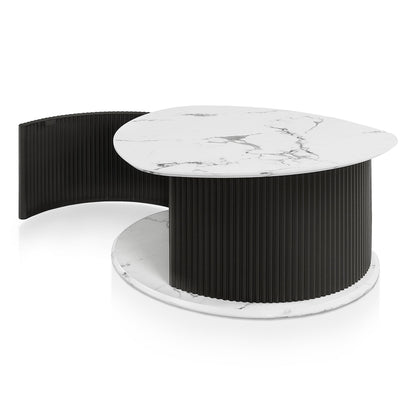 24/7 Shop at Home Cresunt Modern Faux Marble 29.5 in. Coffee Table with Curve Triangular Iron Base, Hidden Compartment Storage for Living Room, Black and White Marble