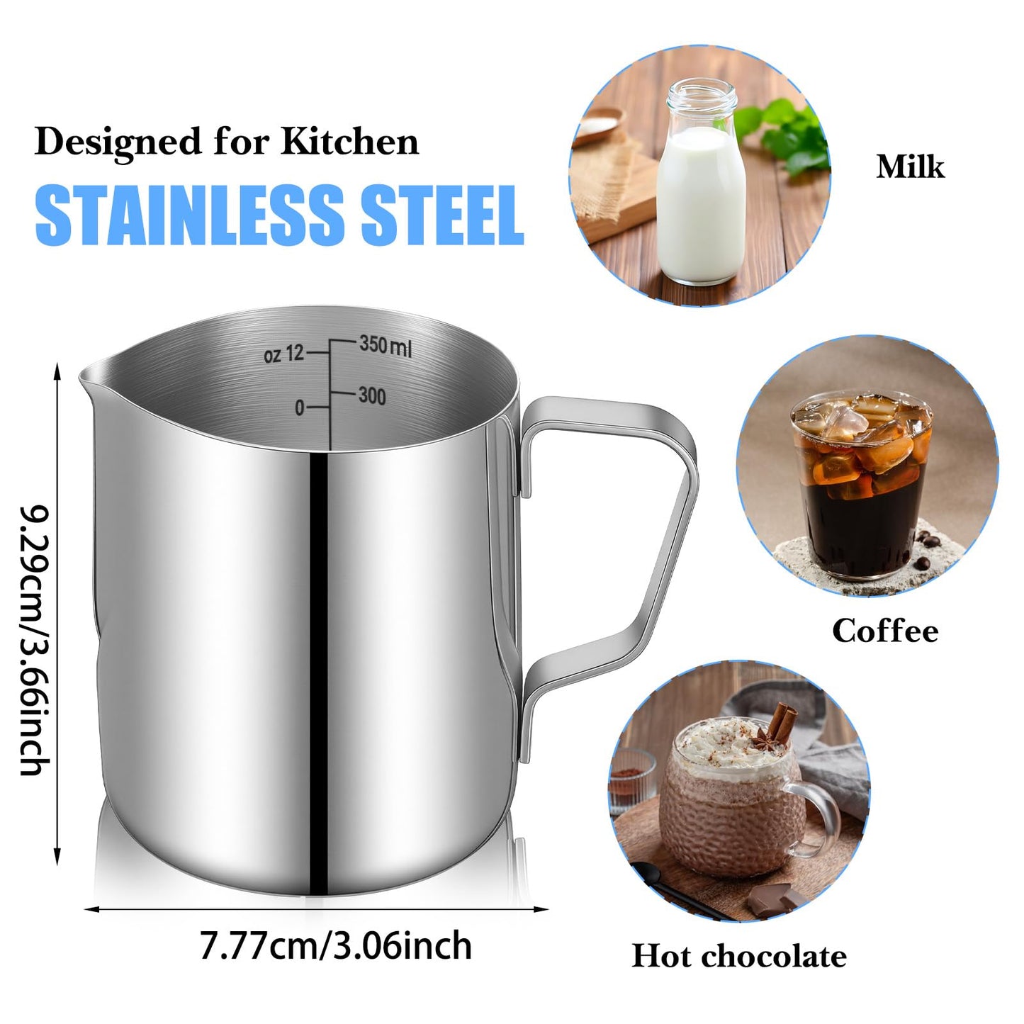 4 Pcs Milk Frothing Pitcher Espresso Steaming Pitchers 12 Oz Stainless Steel Milk Steamer Cup Frother Jug for Espresso, Latte Art, Chai Cappuccino Hot Chocolate