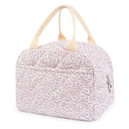 Dark Swan Cotton Quilted Insulated Lunch Bag, Cute Quilted Floral Tote Bags Reusable Lunch Box Coquette Aesthetic Large Capacity Insulated Cooler for Women Work Travel Picnic (Pink)