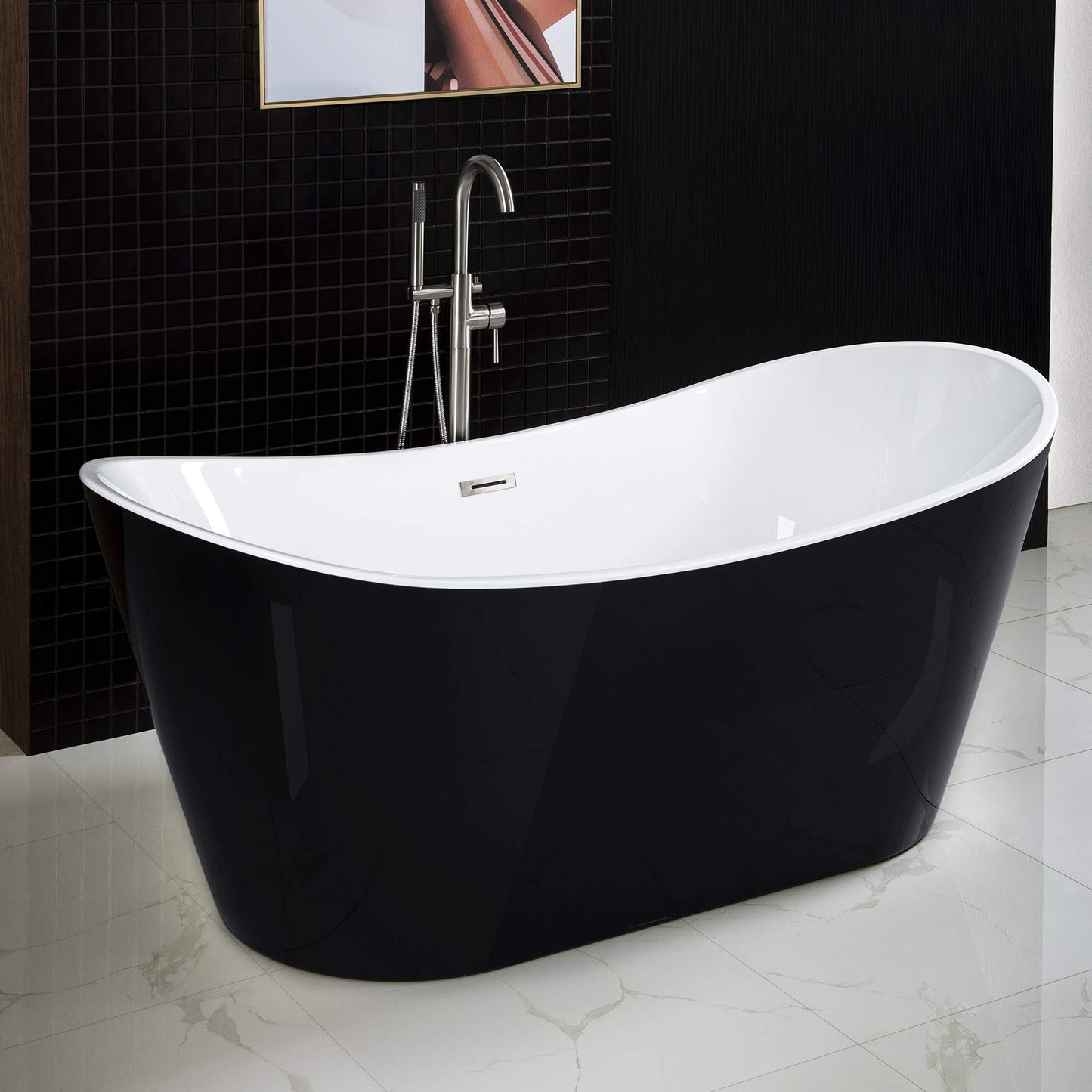 WOODBRIDGE 59" Acrylic Freestanding Bathtub Contemporary Soaking Tub with Brushed Nickel Overflow and Drain, B-1816 Black Color