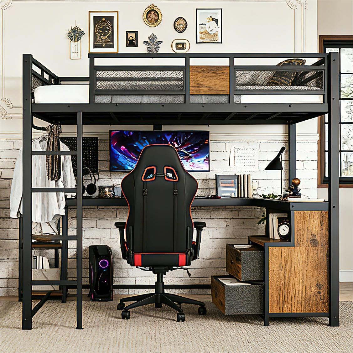 Bellemave Queen Loft Bed with Desk & Storage Fabric Drawers & Shelves, Heavy Duty Metal Frame Loft Bed for Adults & Teens, Space Saving Bed for Apartments & Dorm, No Box Spring Needed, Black