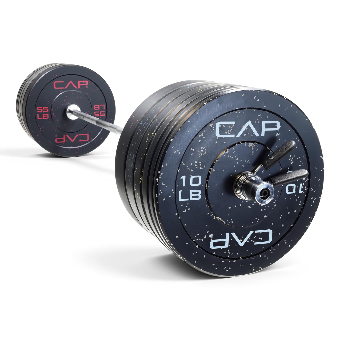 CAP Barbell 370 lb Economy - Speckled Olympic Weight Set with 7ft Chrome Barbell & Black Bumper Plates with Color Logo
