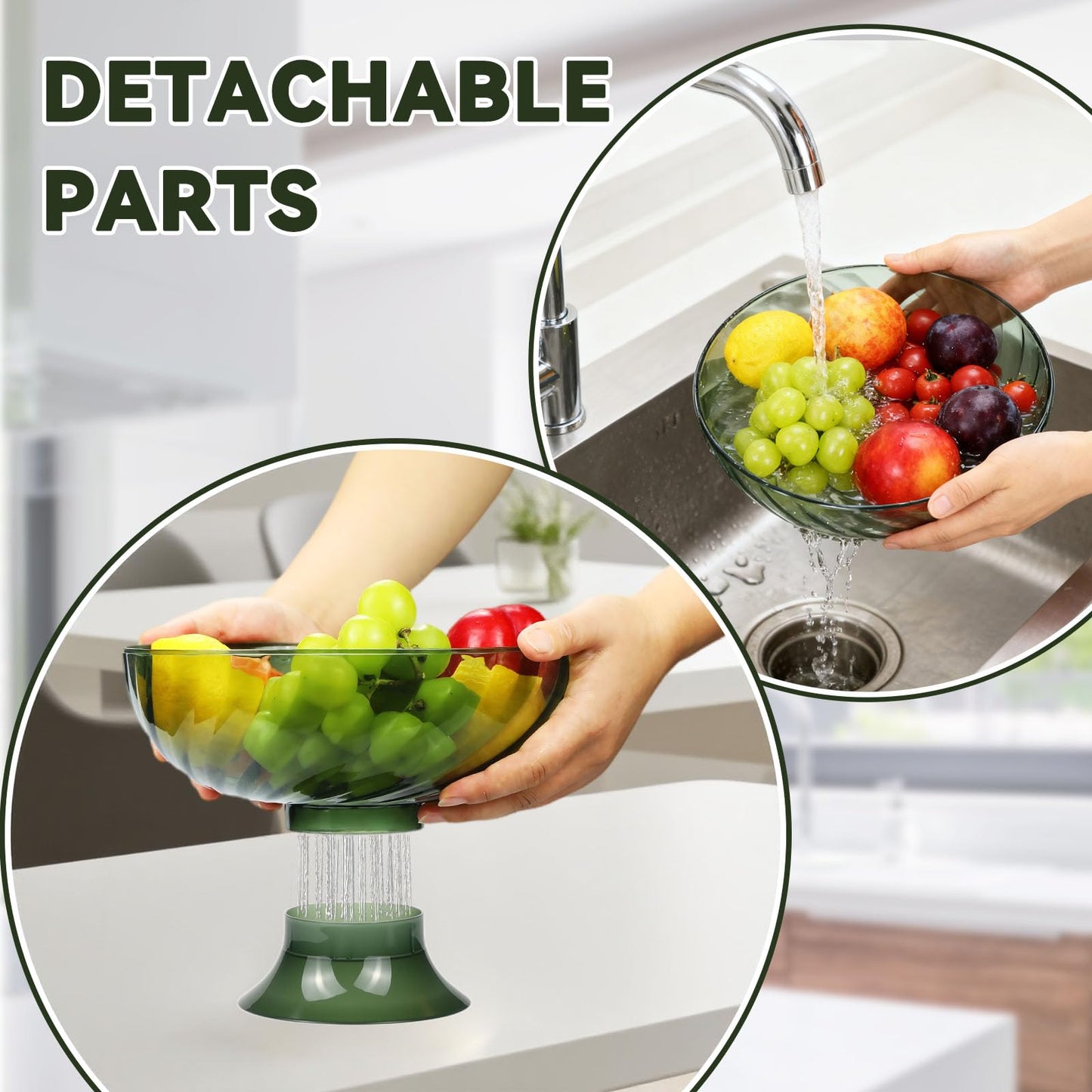 Fruit bowl with lid & Basket - Fruit Fly Proof Kitchen Counter Storage for Fruits & Veggies, Plastic Decorative fruit baske with Draining Holes & Handle (green 1Pcs)