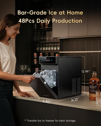 ecozy 2.1" Clear Ice Ball Maker Countertop with CrystalFlux Technology, Minimal Footprint Sphere Ice Maker with 8H Timer, 1 pc in 30 Mins, 48 pcs/Day, Self-Cleaning for Home Bar Whiskey & Bourbon