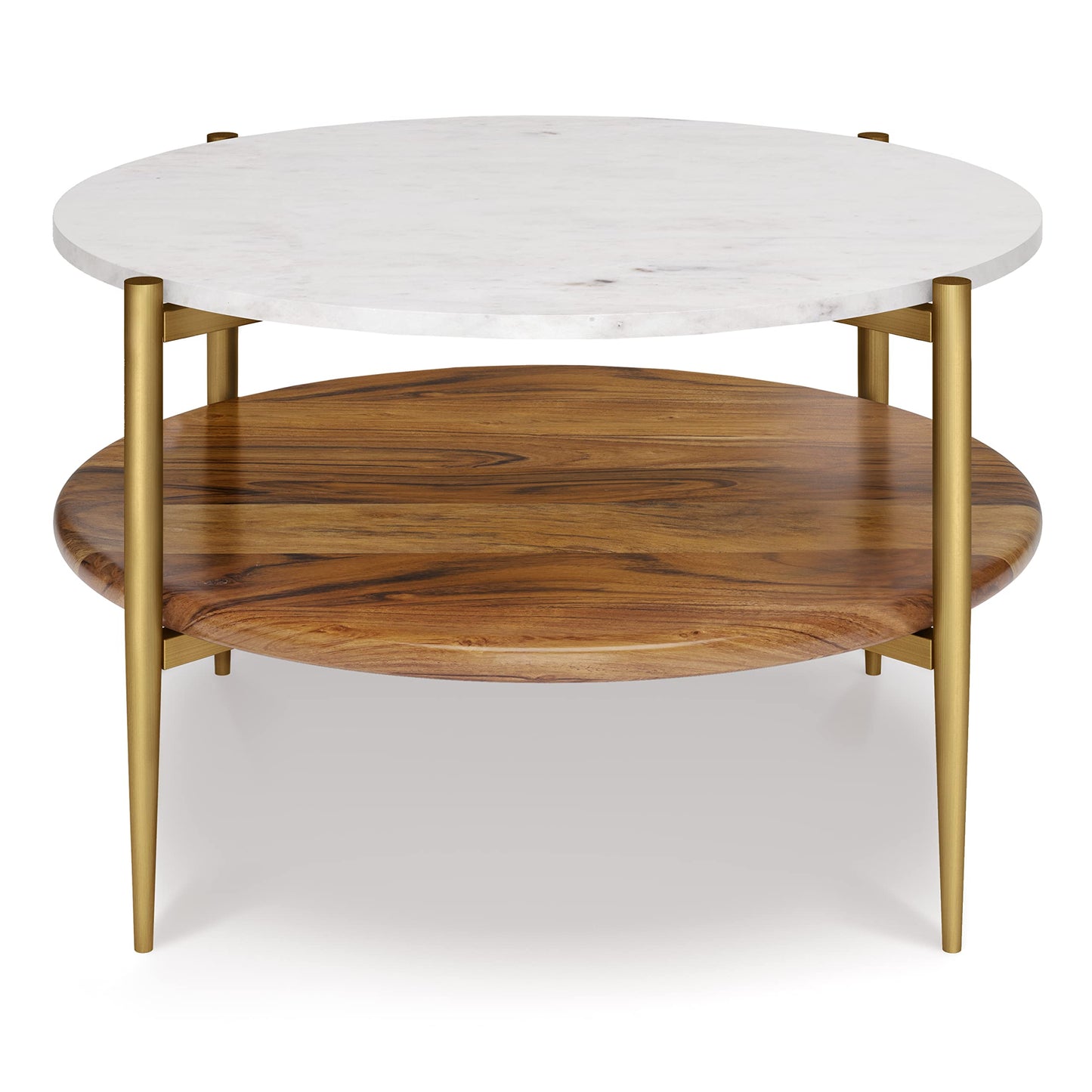 SIMPLIHOME Wagner Coffee Table - 30 inch Wide Solid Acacia Wood and Genuine Marble Round Living Room Table in White and Natural, Mid-Century Modern Table for Family Room with Gold Metal Base and Legs