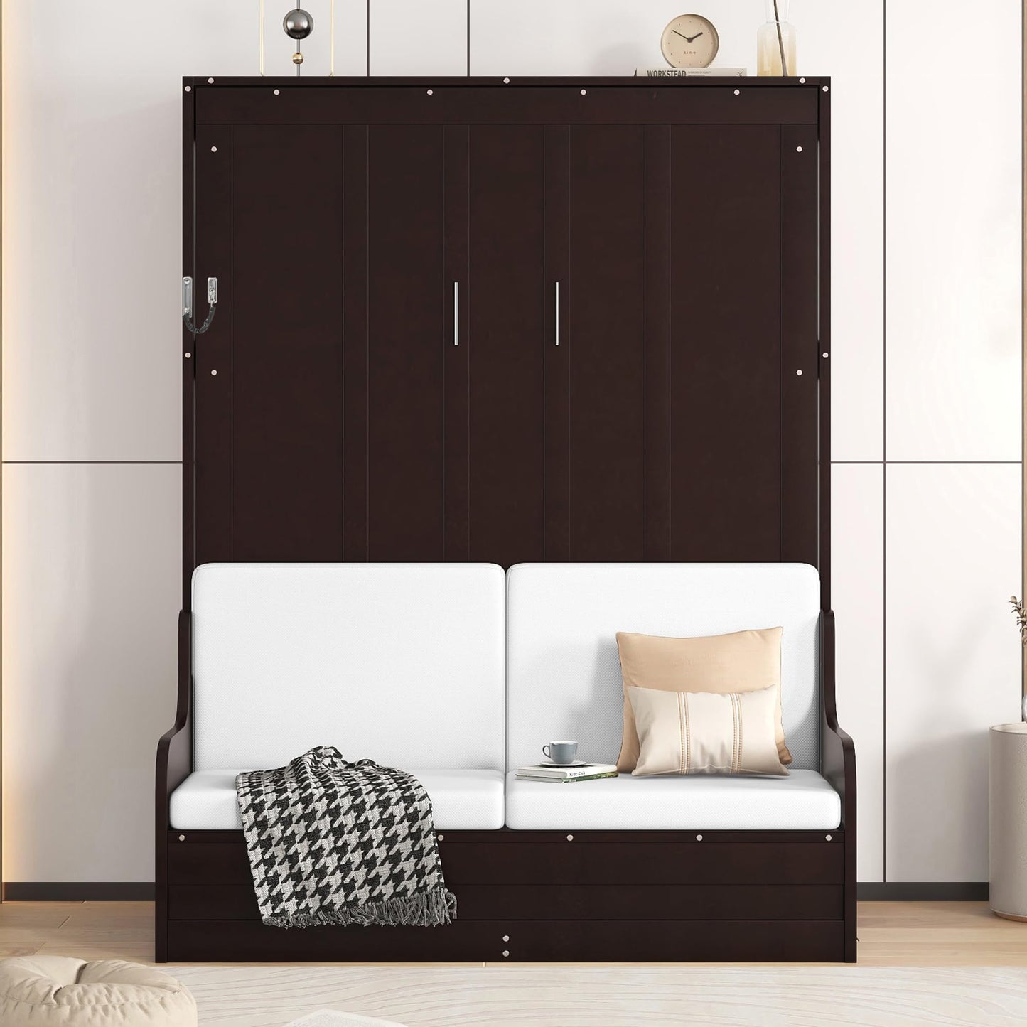 Merax Queen Size Murphy Bed Frame, Modern Wall Bed Can Be Folded into Cabinet, Chair with Cushion, Espresso