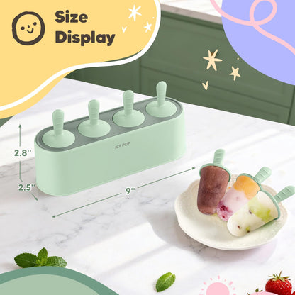 Popsicle Mold Set 4 Pieces Homemade Silicone Popsicle Maker Easy Release Ice Cream Molds Reusable DIY Pop Molds (Green, IcyClassic Pops)