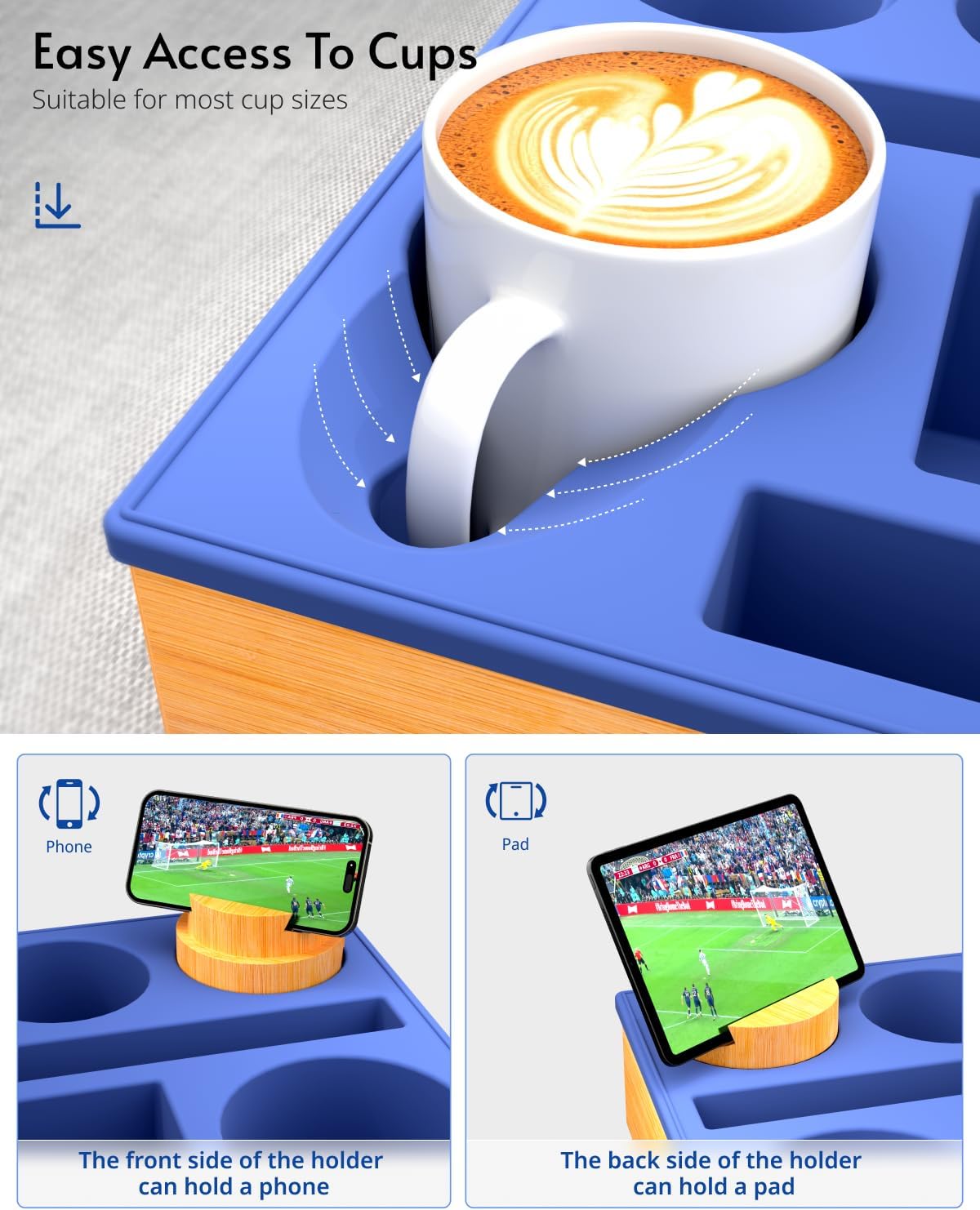 Couch Cup Holder Tray - Silicone Beach Caddy with Cup Holder, Sofa and Bed Drink Holder, Blue