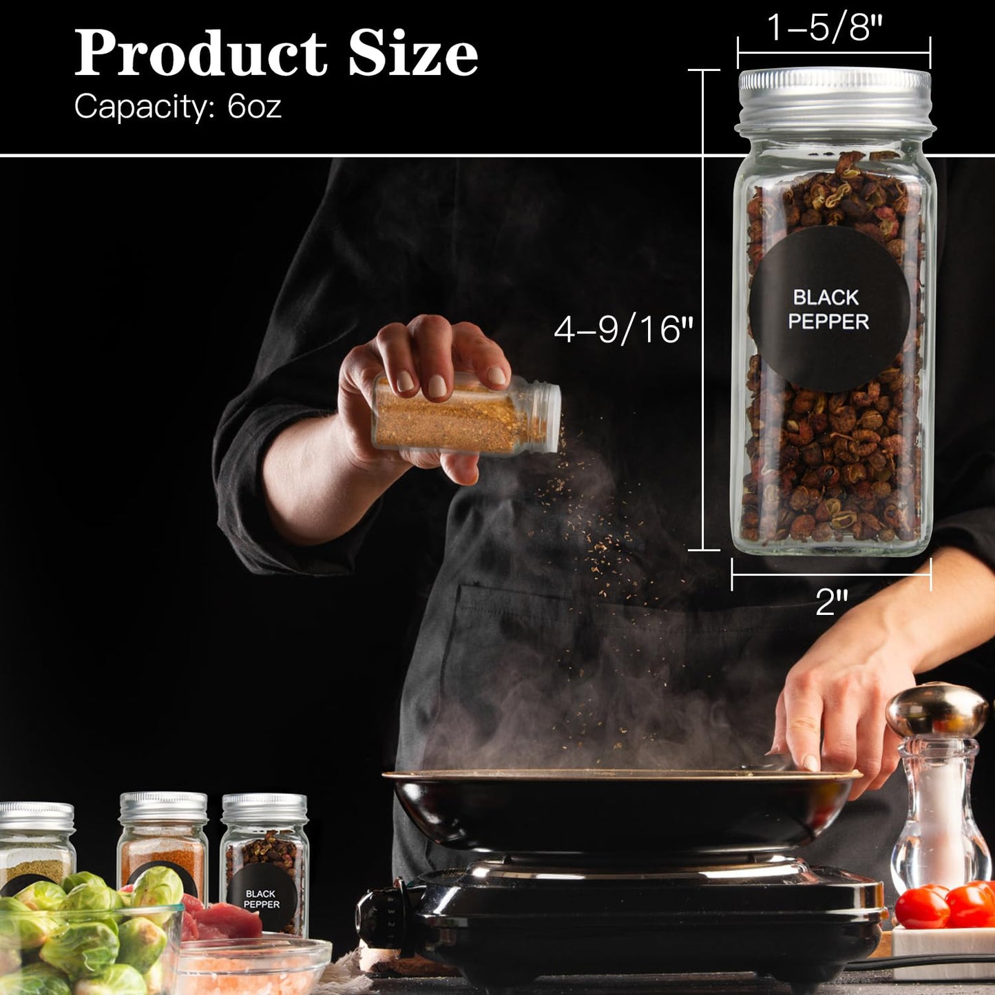 DkOvn 12pcs Glass Spice Jars, 4oz Empty Spice Jars with Metal Caps, Labels, Shaker Lids, Collapsible Funnel, Chalk Pen, Seasoning Organizer for Spice Rack