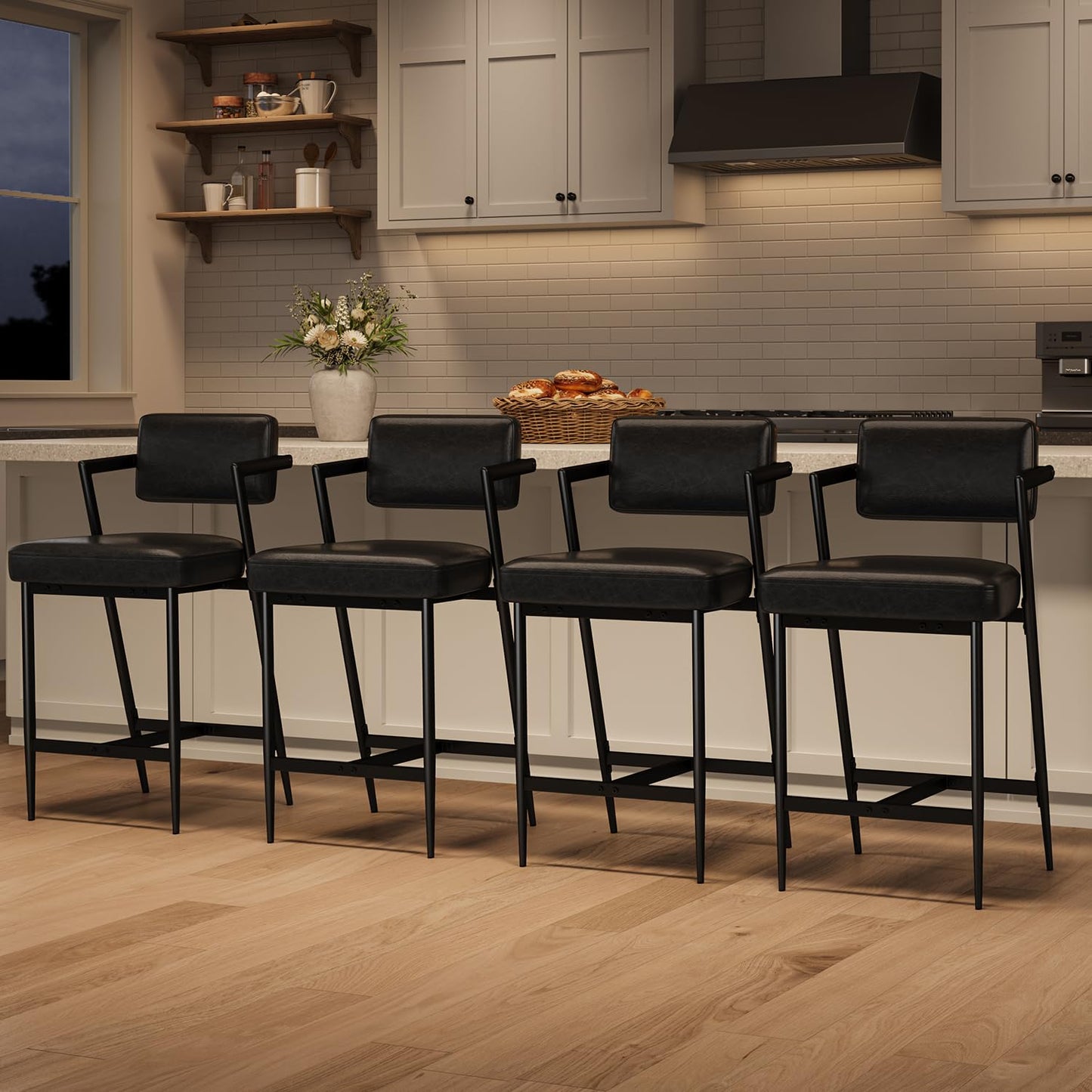 IDEALHOUSE Bar Stools Set of 4 with Armrest, Upholstered Counter Height Bar Stools with w/Backrest and Footrest, 27" Tall Bar Chairs Thick Cushion & Thickened Metal Legs, for Island