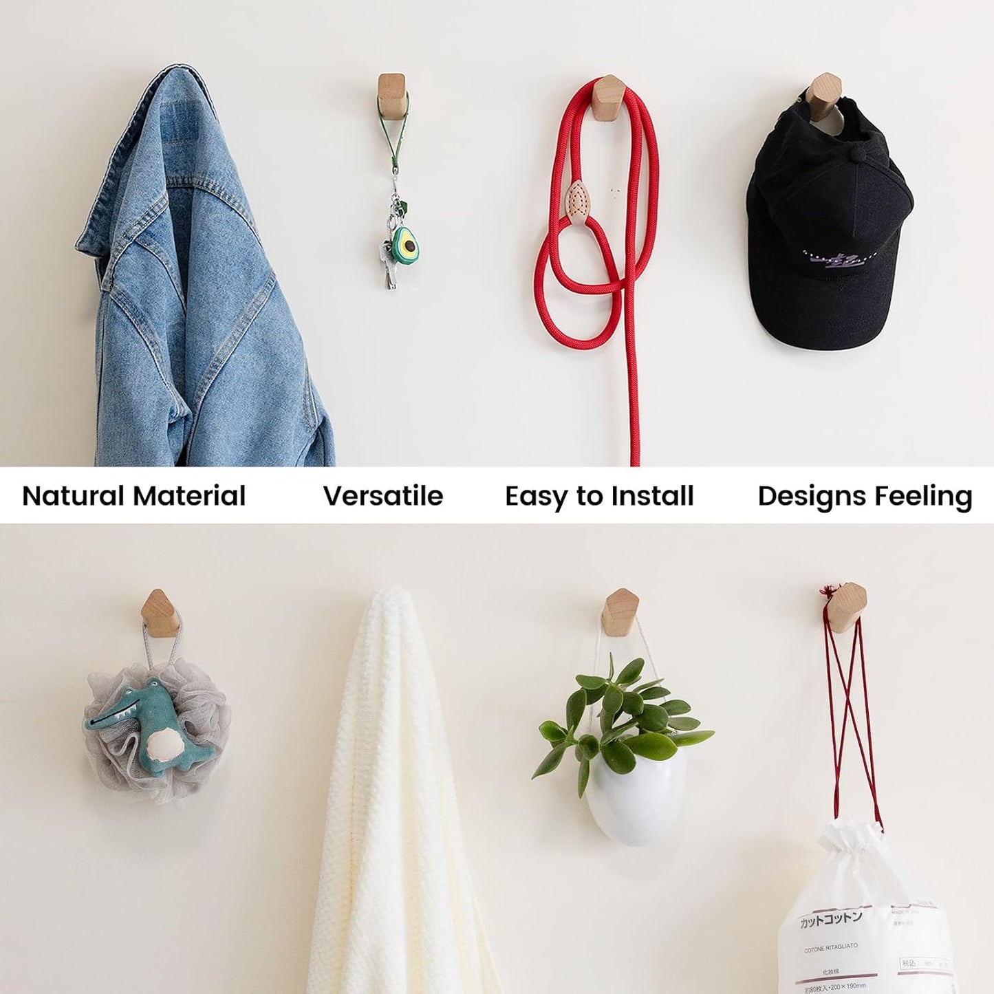 cuwuu's Modern Wood Wall Hooks, 4 Pack Natural Wooden Coat Hooks for Bathroom Entryway