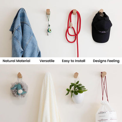 cuwuu's Modern Wood Wall Hooks, 4 Pack Natural Wooden Coat Hooks for Bathroom Entryway