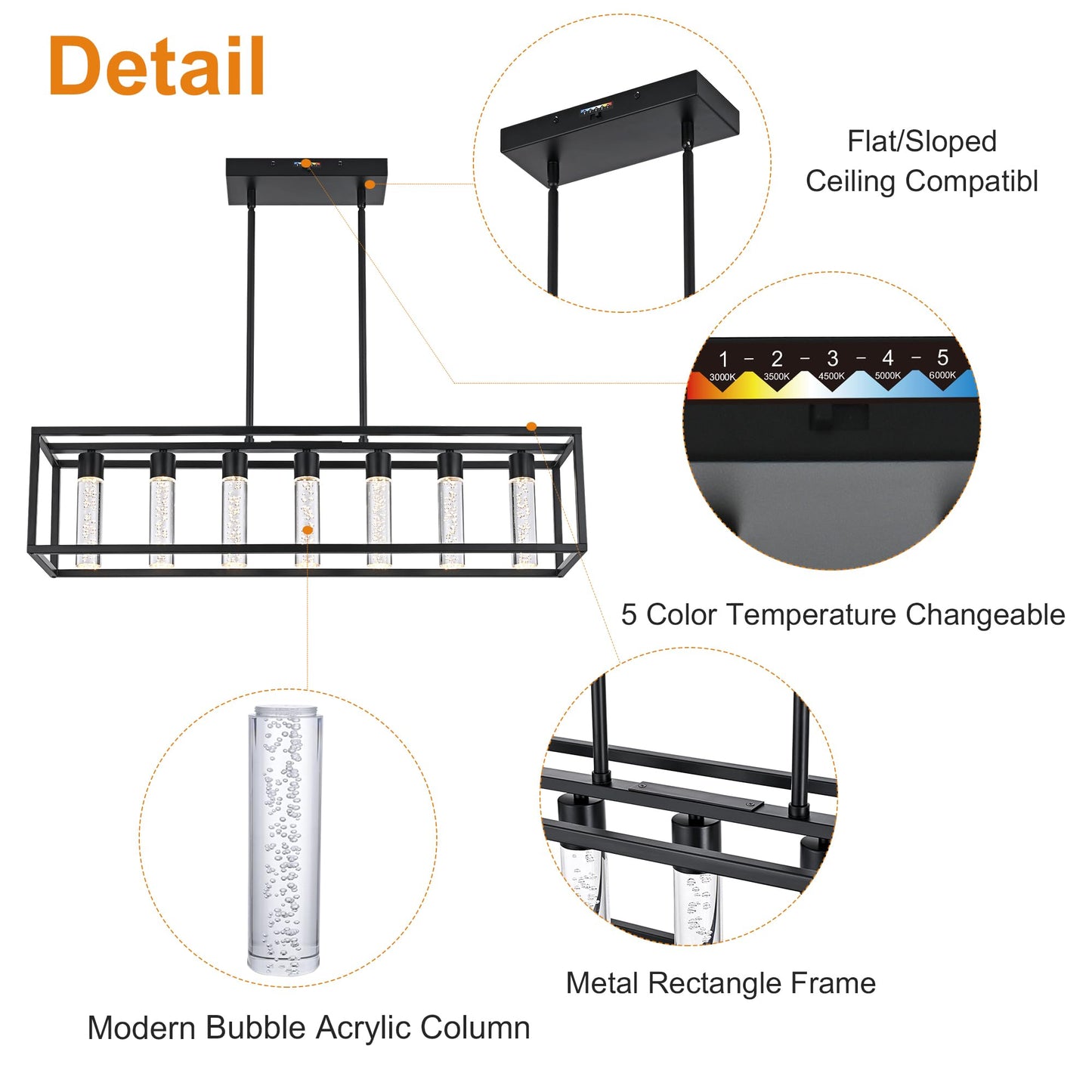 VINLUZ LED 7 Light Contemporary Dining Room Chandelier,Farmhouse Hanging Ceiling Kitchen Island Lighting in Matte Black Finish Rectangle Modern Pendant Light Adjustable Height
