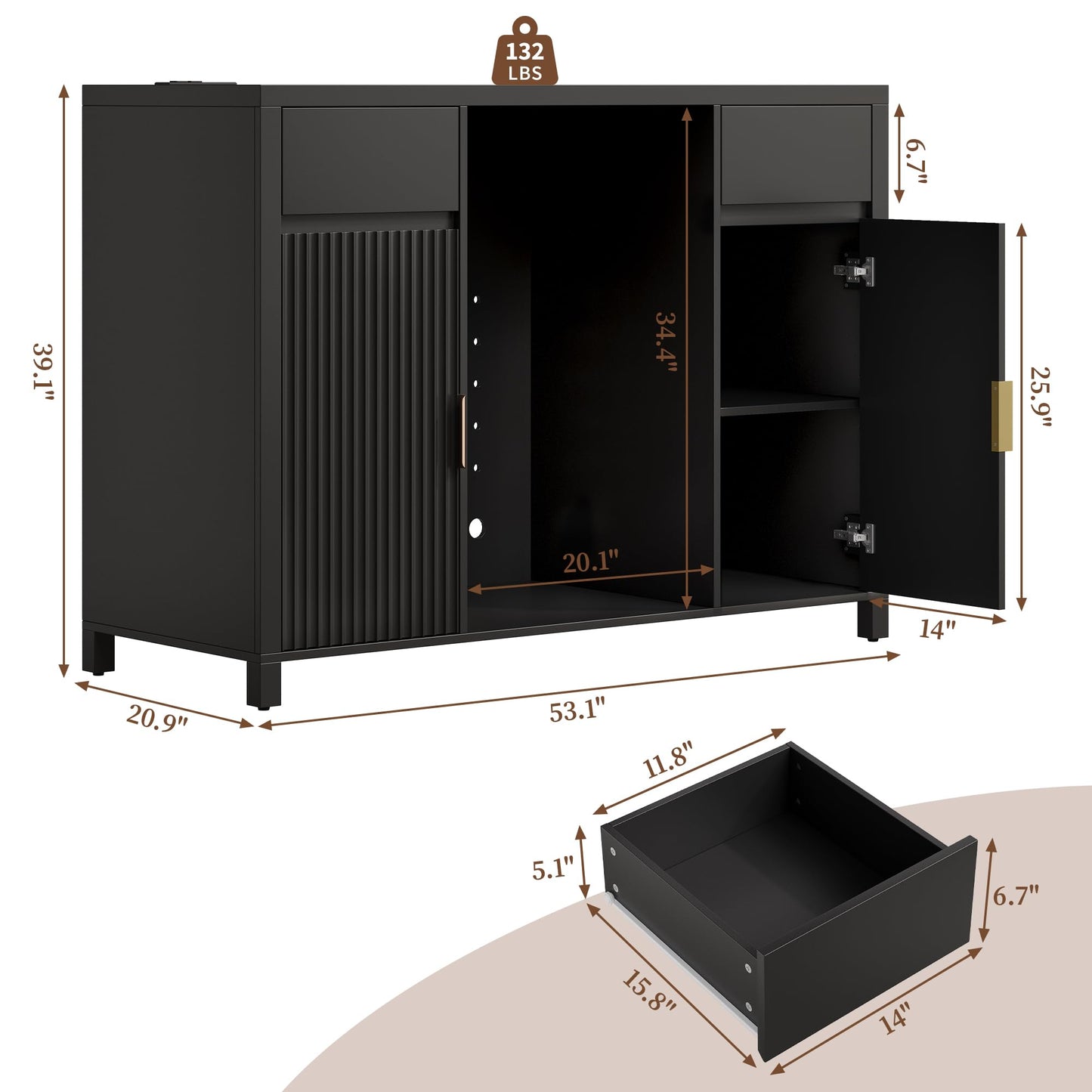Garvee 53" Large Coffee Bar Cabinet with Fridge Space, Mini Fridge Cabinet with Wine Storage, Buffet Sideboard Table for Home, Fluted Liquor Cabinet with Wine Rack for Home, Living Room-Black