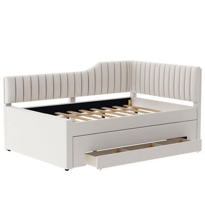 Merax Full Size Upholstered Wood Daybed Extendable Sofa Bed with Trundle and Three Storage Drawers for Living Room Guest Room, Beige