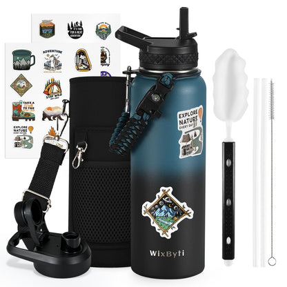 WixByti 40 oz Insulated Water Bottle with Straw (Cold for 36 Hrs), Stainless Steel Triple Wall Vacuum Sports Water Jug, Leakproof Hydro Cup Flask with Paracord Handle & Straw Spout Lids & DIY Stickers