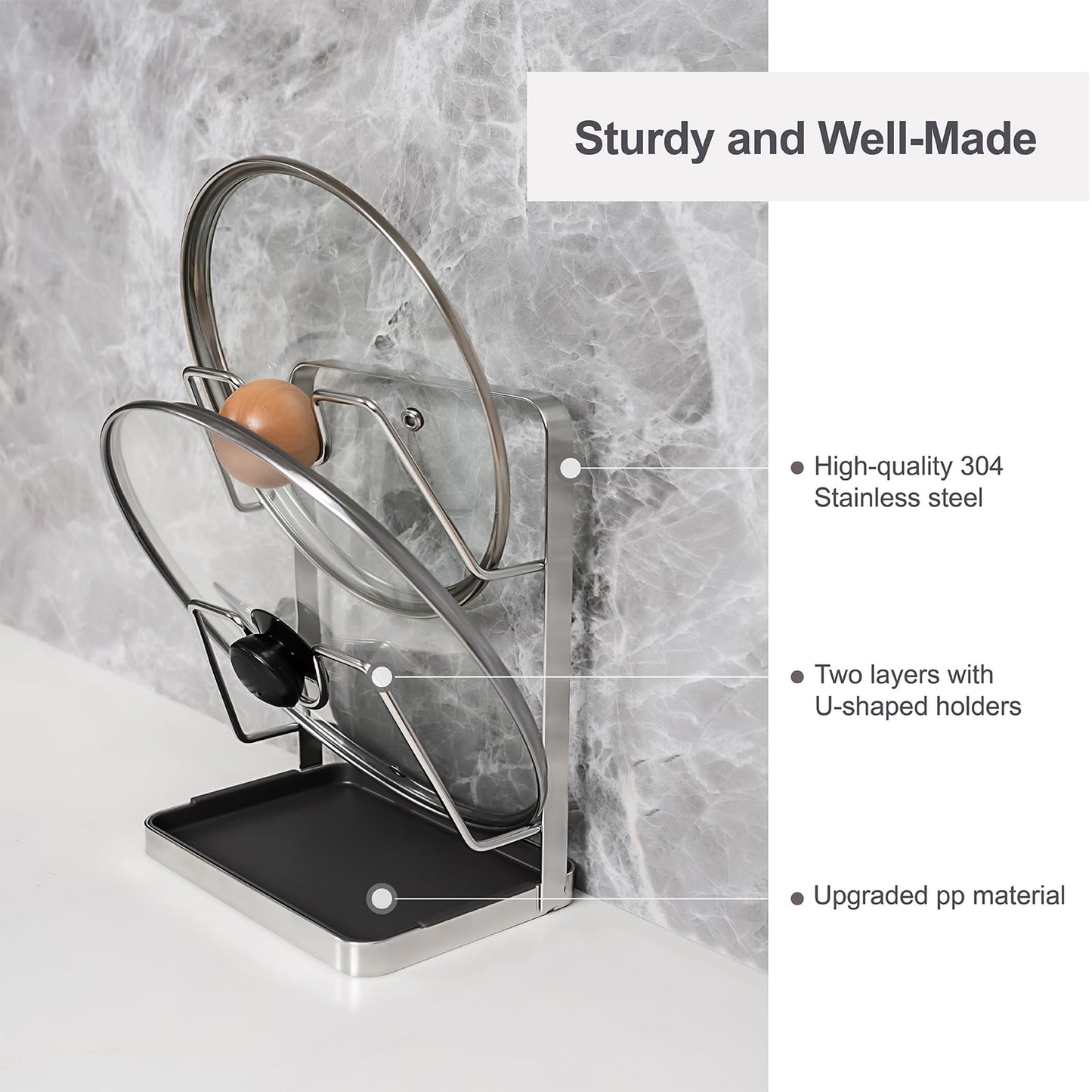 XCCK 304 Stainless Steel Pot Lid Holder While Cooking, Kitchen Pot Lid Storage Rack for stove top, Multifunctional Kitchen Pot Lid Organizer for Countertop（Silver）