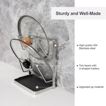 XCCK 304 Stainless Steel Pot Lid Holder While Cooking, Kitchen Pot Lid Storage Rack for stove top, Multifunctional Kitchen Pot Lid Organizer for Countertop（Silver）