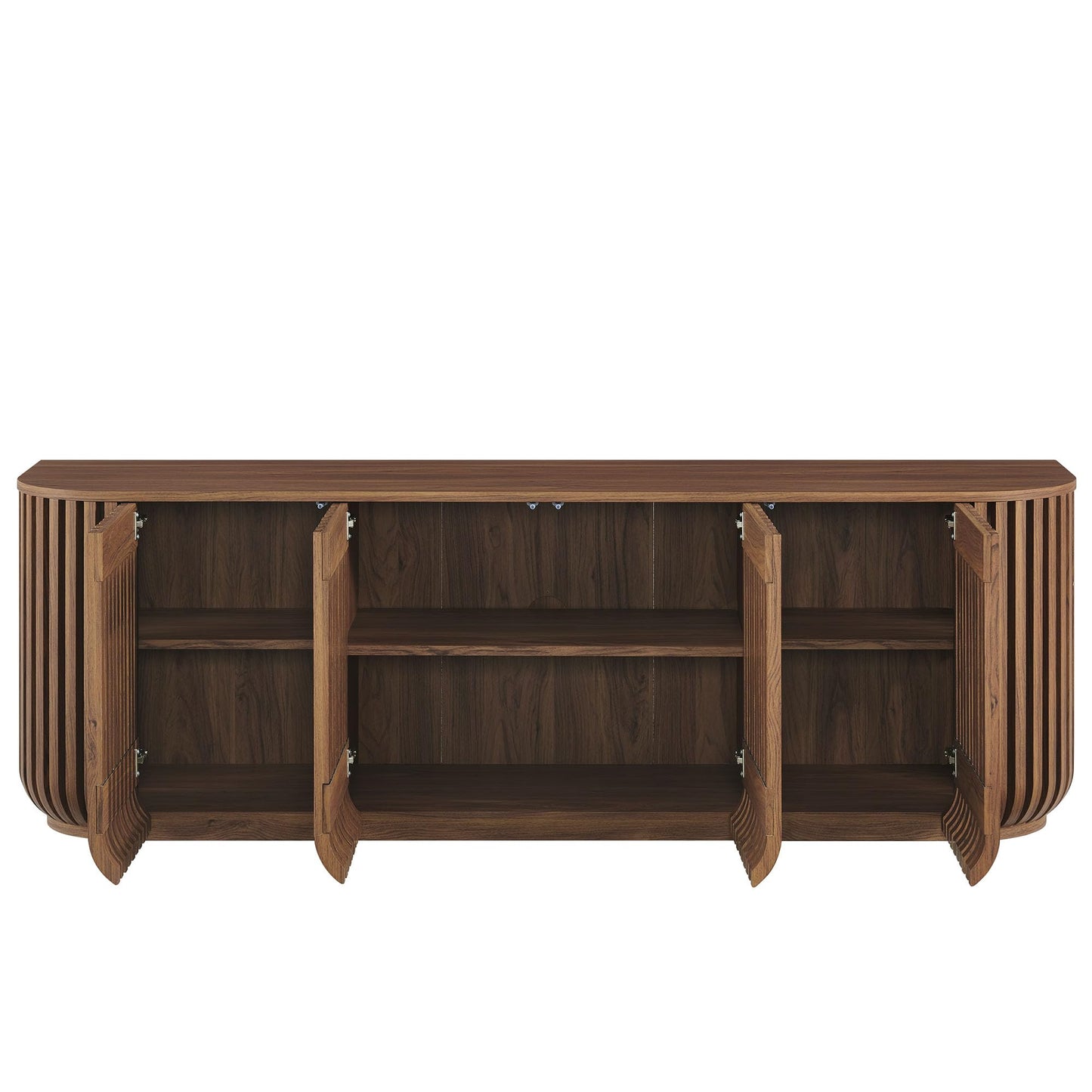 Modway Fortitude 75" Fluted Curved Sideboard Buffet with 4 Doors in Walnut – Modern Media Console TV Stand with Adjustable Shelves and Cable Management – Office Credenza Storage Cabinet