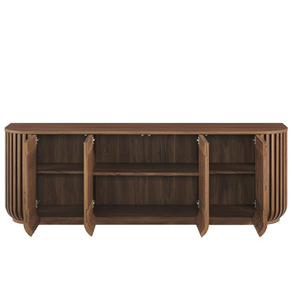 Modway Fortitude 75" Fluted Curved Sideboard Buffet with 4 Doors in Walnut – Modern Media Console TV Stand with Adjustable Shelves and Cable Management – Office Credenza Storage Cabinet