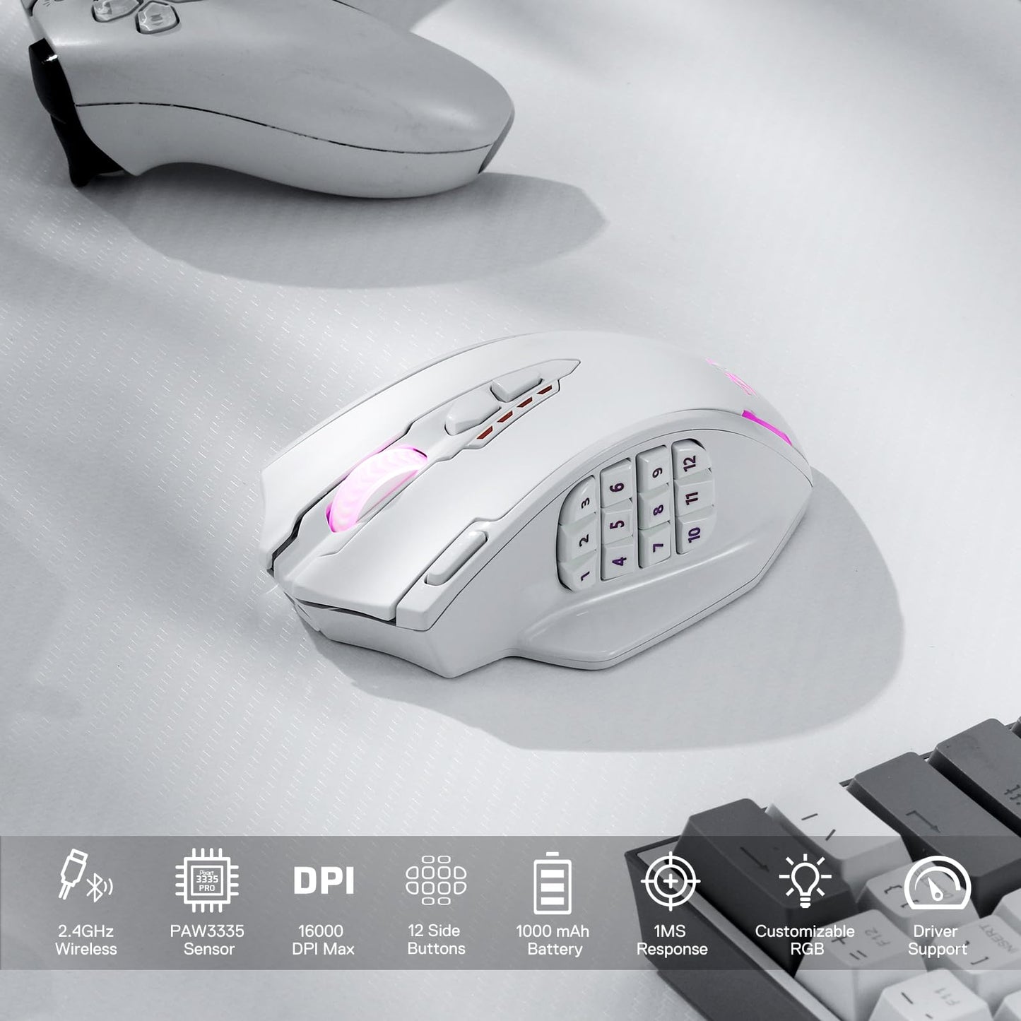Redragon M913 Impact Elite Wireless Gaming Mouse, 16000 DPI Wired/Wireless RGB Mouse with 16 Programmable Buttons, 45 Hr Battery and Pro Optical Sensor, 12 Side Buttons MMO Mous