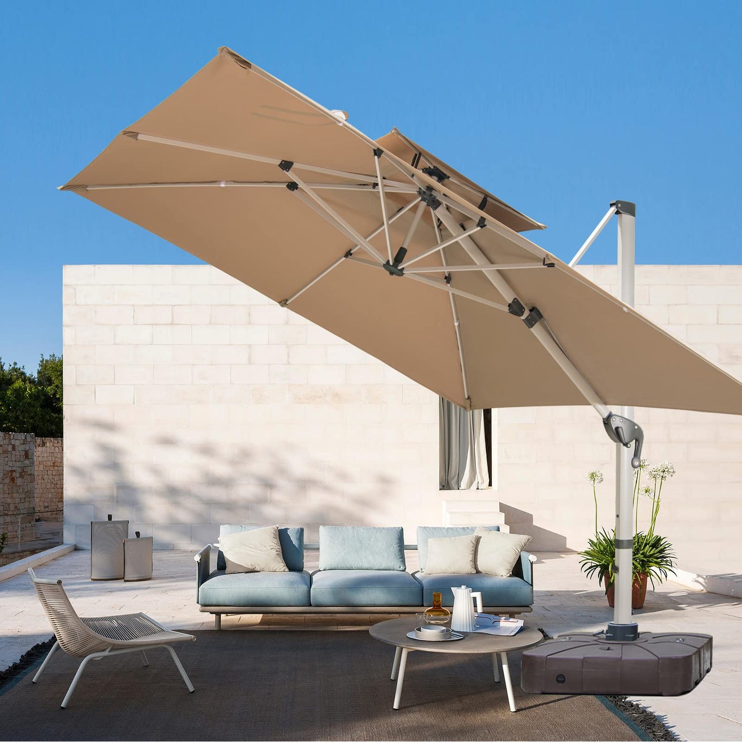 Mojia Cantilever Patio Umbrella with Cross Base and Cover Included - 360° Rotation Large Heavy Duty Offset Outdoor Umbrella with Easy Tilt for Pool Backyard Deck Garden (10x10 FT Khaki)